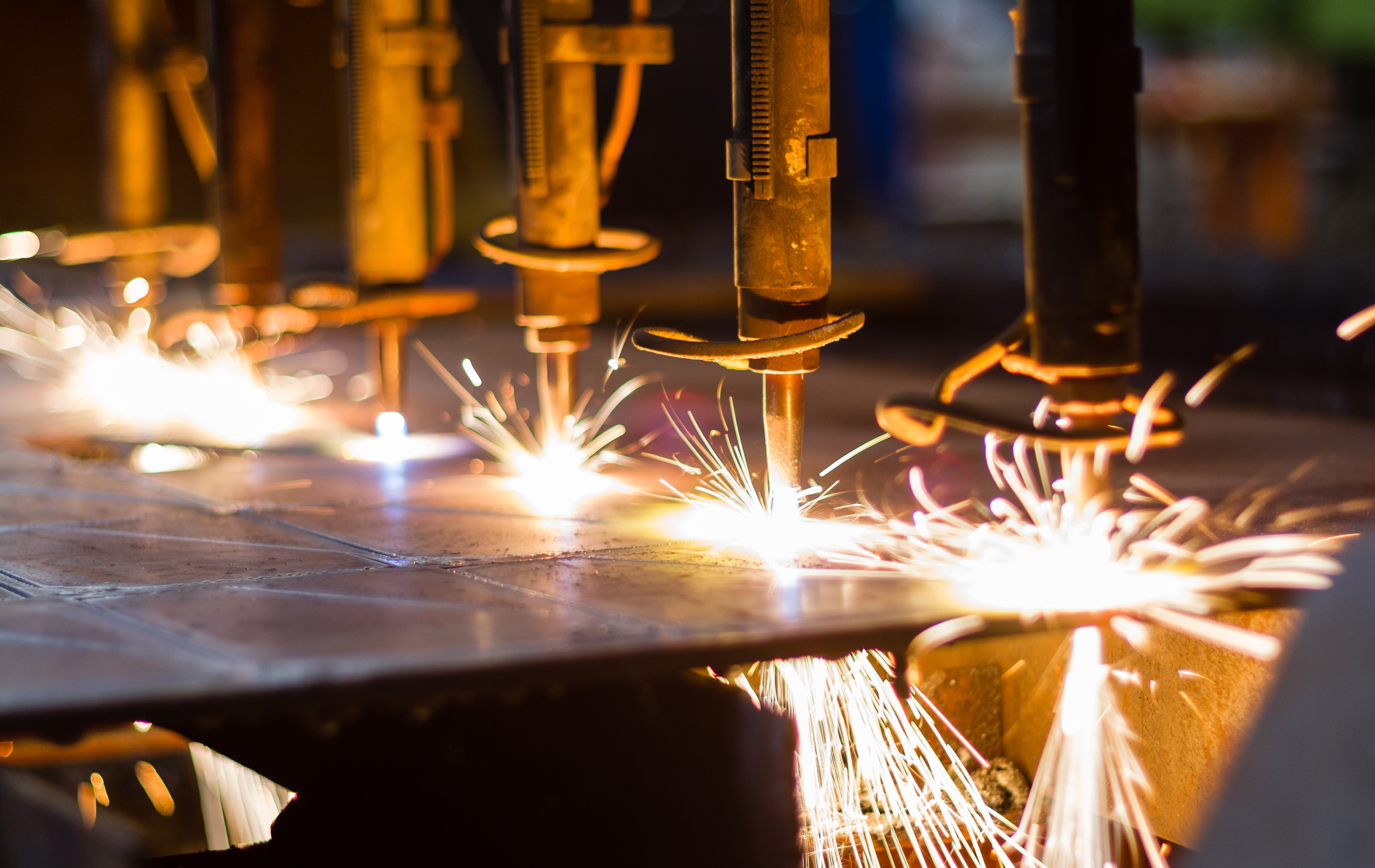 CNC LPG cutting with sparks close up